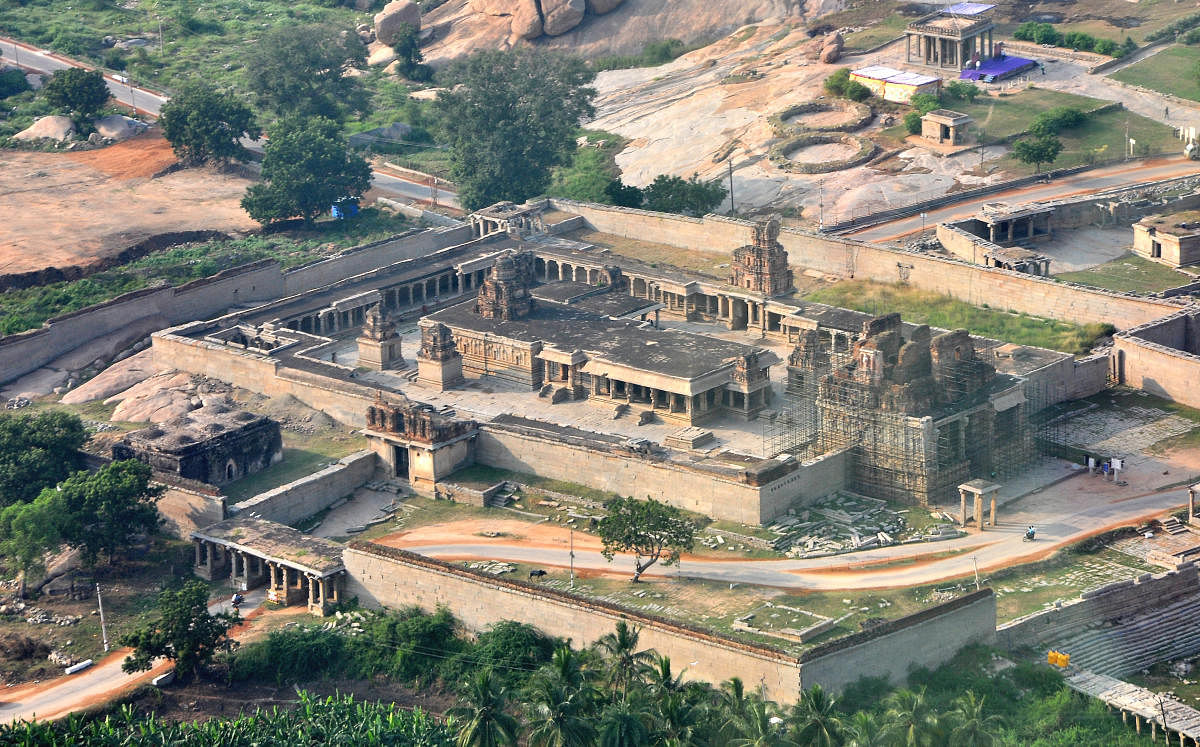 An aerial view of Krishna Temple in Hampi. The Hampi authority has prepared the Rs 4.50-croreaction plan to lay a 40-feet wide road cutting through the ruins between the Akka-Tangi Gudda (hills) and the Kaddirampur Main Road. DH FILE PHOTO