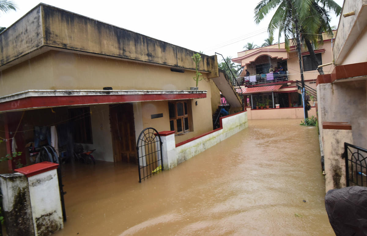 Houses inundated by floodwater in Jeppu Kutpadi in Mangaluru.