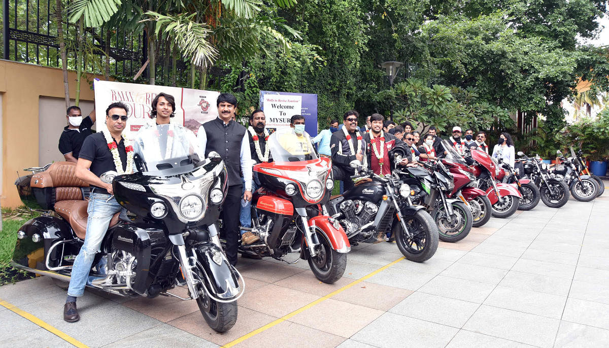 Bikers given a welcome at Hotel Grand Mercure in Mysuru on Saturday, as part of ‘Rally to Revive Tourism’, a motorcycle rally.