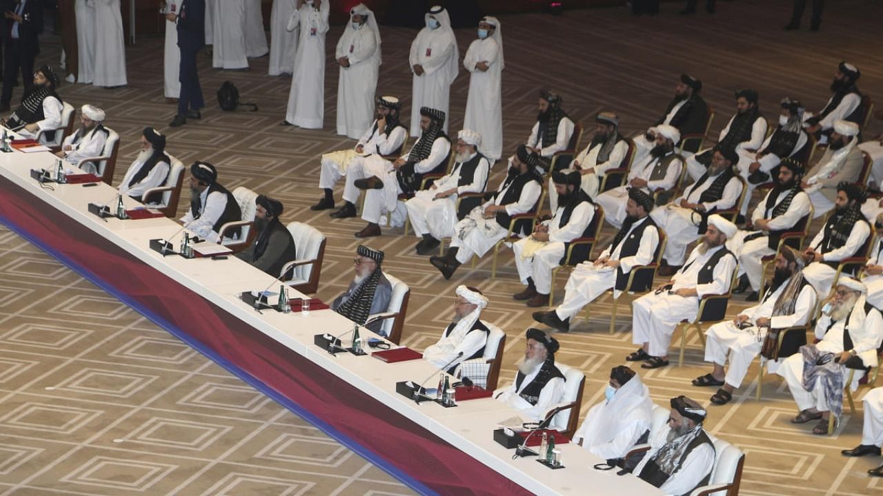 Taliban negotiator Abbas Stanikzai, fifth right, with his delegation attend the opening session of the peace talks between the Afghan government and the Taliban in Doha, Qatar. Credit: AP/PTI
