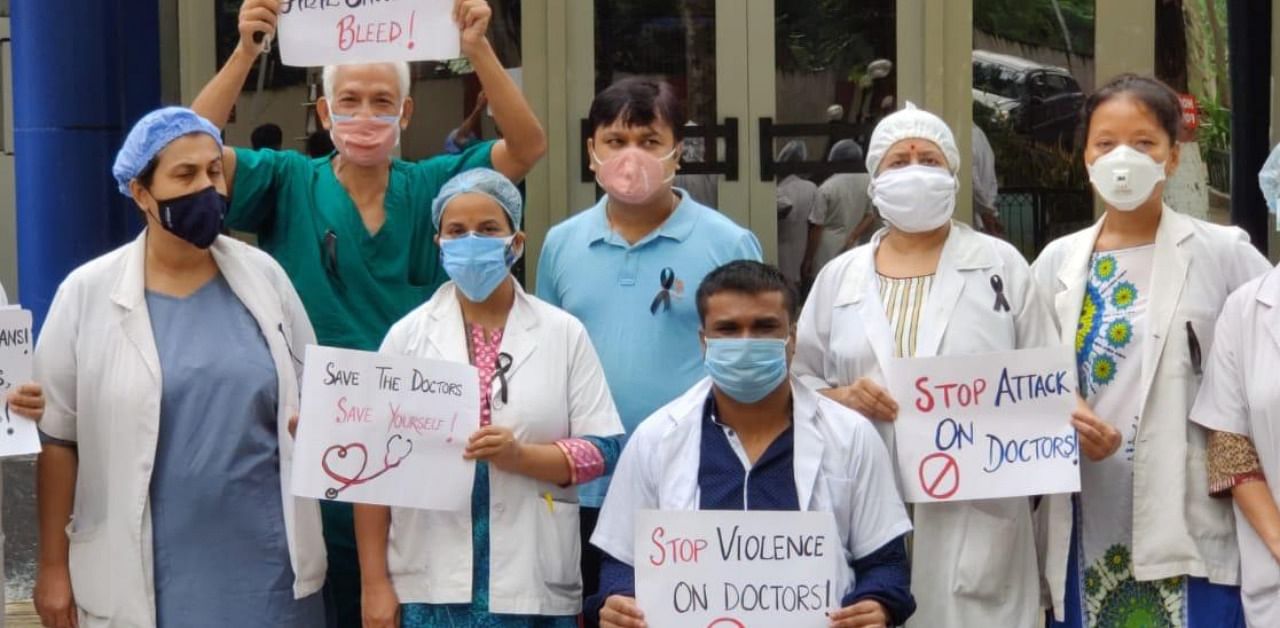 Protesting doctors at Central hospital, NFR headquarters at Maligaon, Guwahati. (DH photo)