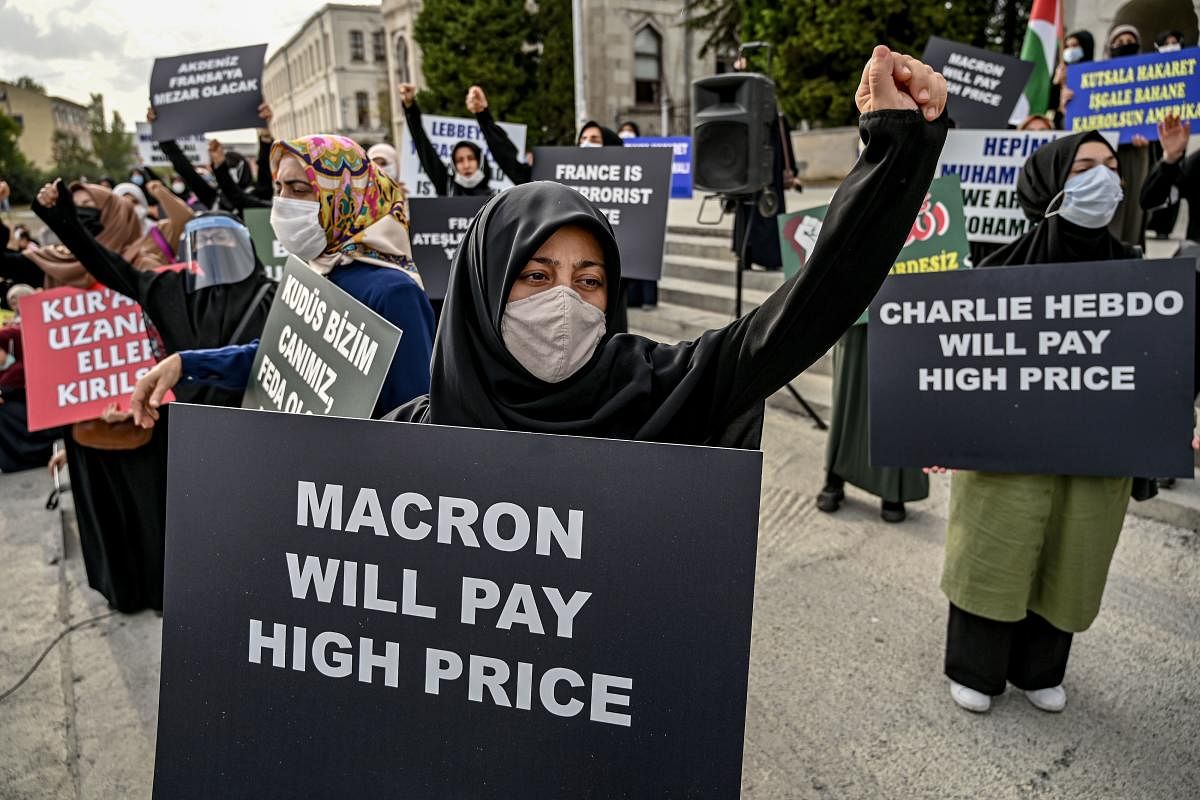 Protesters chant slogans and hold signs against France and the French President in Istanbul. Credit: AFP
