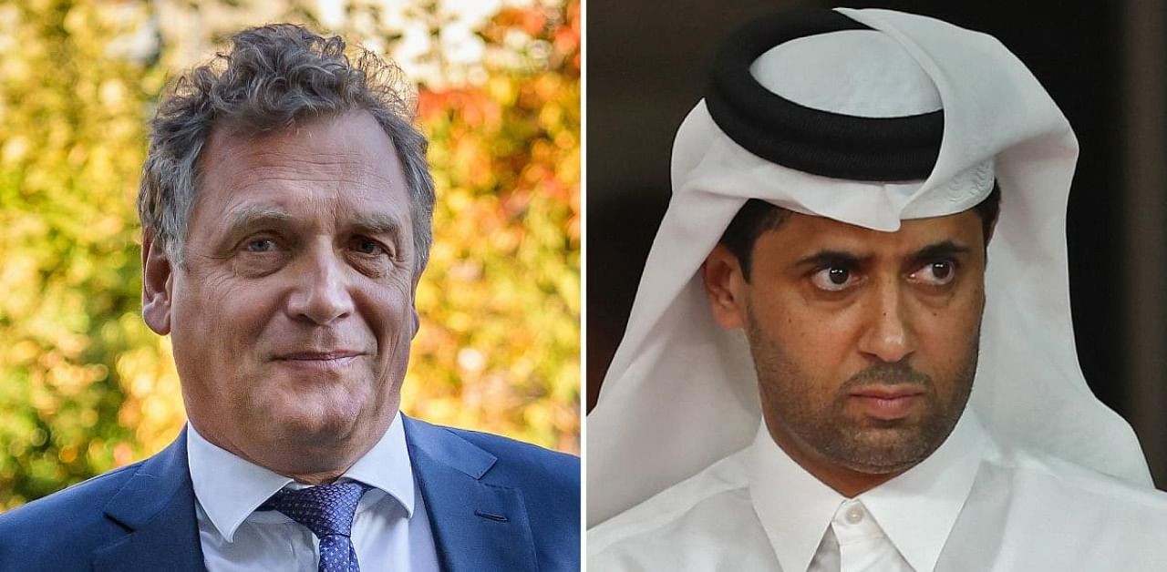 French former FIFA Secretary General Jerome Valcke (L) in Lausanne on October 11, 2017 and Paris Saint-Germain's (PSG) Qatari president Nasser Al-Khelaifi in the Qatari capital Doha. Credit: AFP