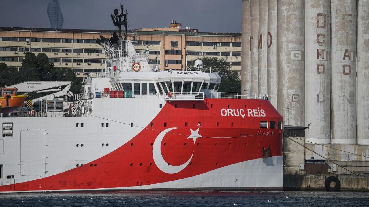 This file photo taken on August 23, 2019 in Istanbul shows a view of Turkish General Directorate of Mineral research and Exploration's (MTA) Oruc Reis seismic research vessel docked at Haydarpasa port, which searches for hydrocarbon, oil, natural gas and coal reserves at sea. Credit: AFP