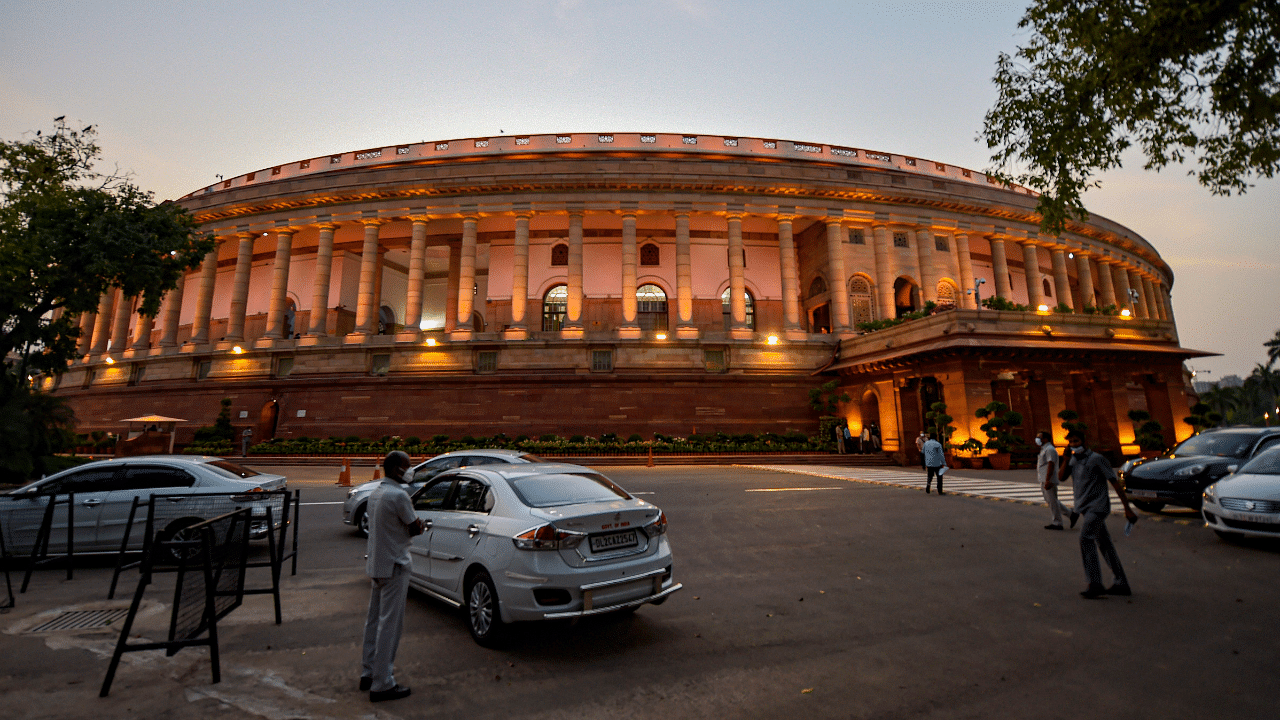 A view of Parliament House on the opening day of Monsoon Session, in New Delhi. Credits: PTI Photo