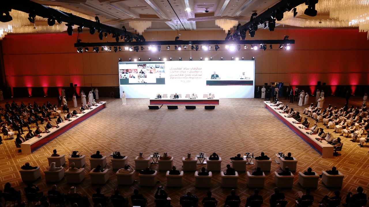 A general view shows talks between the Afghan government and Taliban insurgents in Doha, Qatar. Credits: Reuters Photo