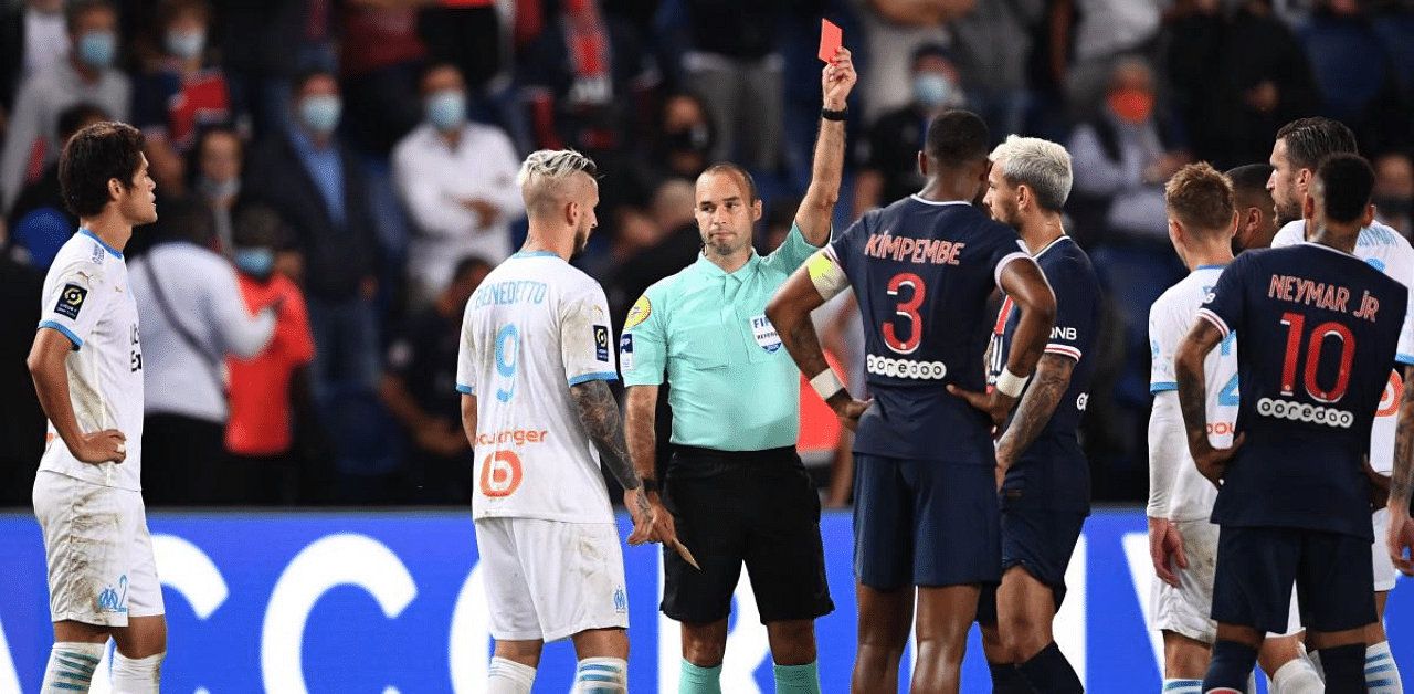 PSG star Neymar got a straight red in Marseille's 1-0 win following an altercation with center half Alvaro Gonzalez on Sunday. Credit: AFP Photo