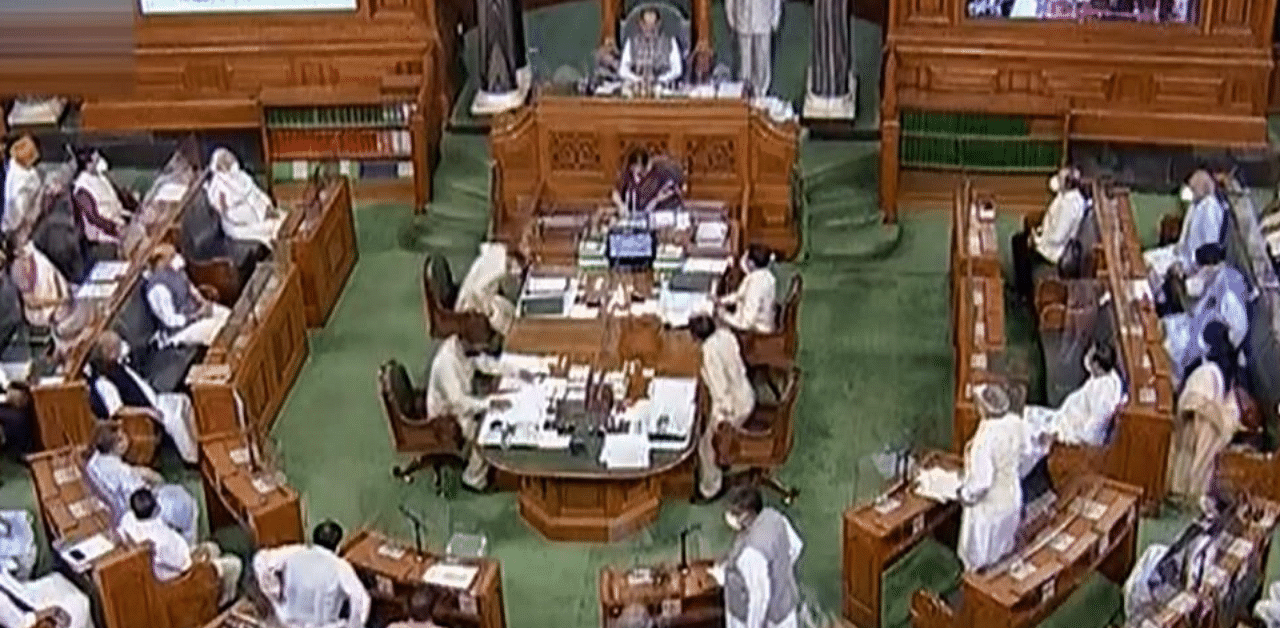  Lok Sabha Speaker Om Birla conducts proceedings during the opening day of Parliament's Monsoon Session, amid the ongoing coronavirus pandemic, at Parliament House in New Delhi, Monday, Sept. 14, 2020. Credit: PTI Photo