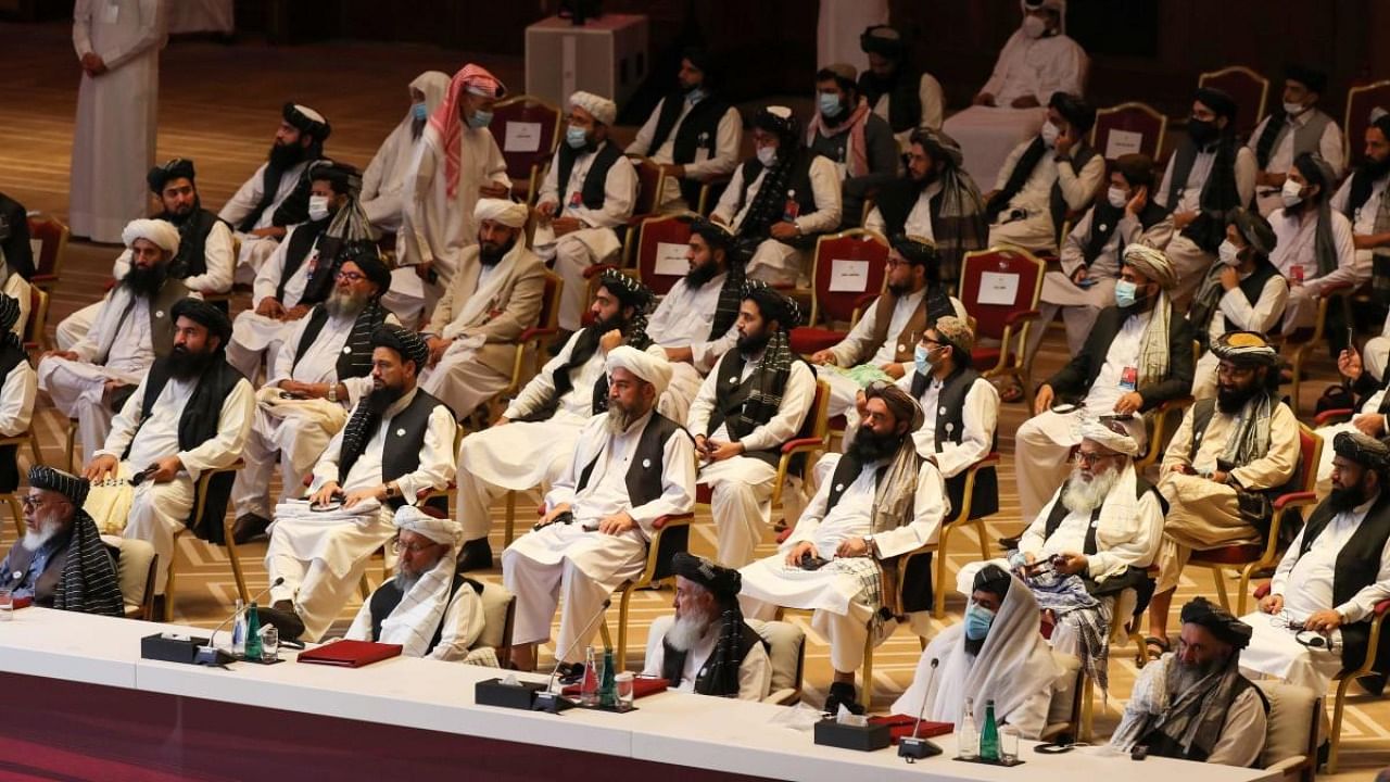 The Taliban delegation at the peace talks. Credit: AFP