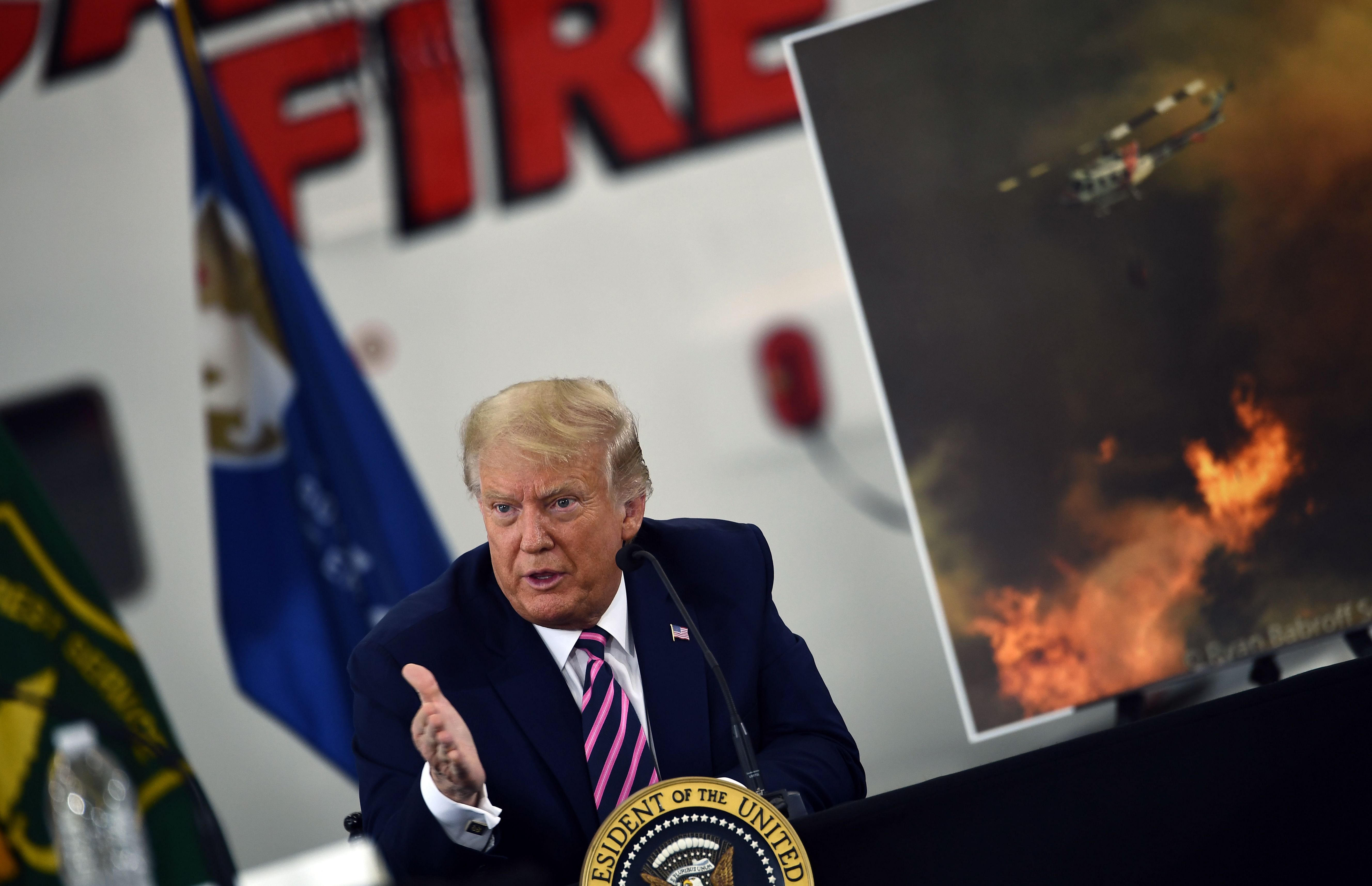 US President Donald Trump speaks during a briefing on wildfires with local and federal fire and emergency officials at Sacramento McClellan Airport in McClellan Park, California. Credits: AFP Photo