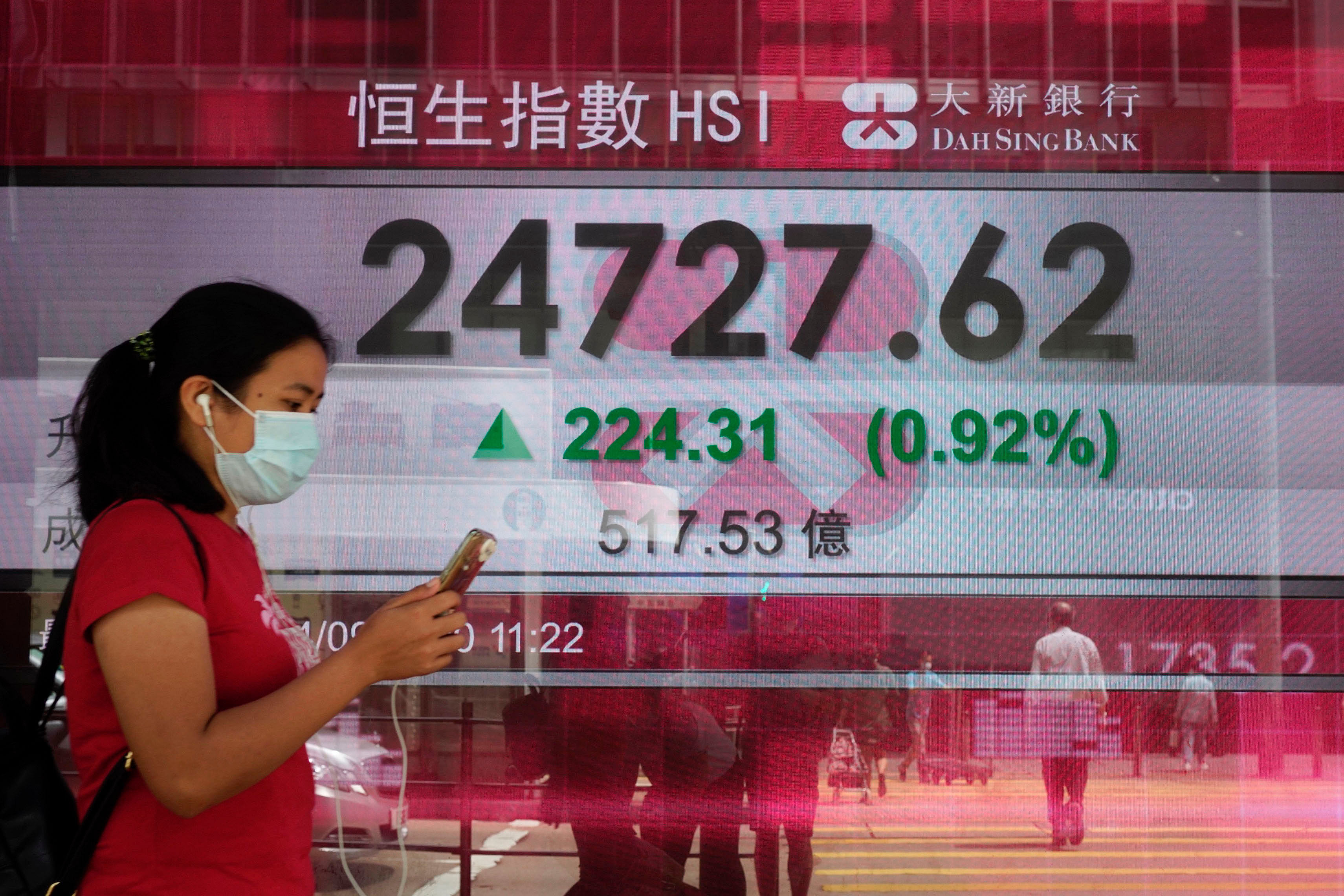 A woman walks past a bank's electronic board showing the Hong Kong share index at Hong Kong Stock Exchange. Credits: AP Photo