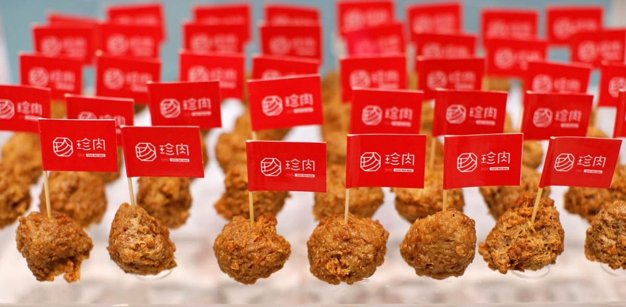 Plant-based meatballs produced by Zhenmeat are seen displayed at a Hope Tree restaurant in Beijing, China. Credit: Reuters