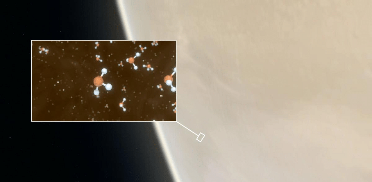 Venus, where scientists have confirmed the detection of phosphine molecules, a representation of which is shown in the inset. Credit: AFP Photo