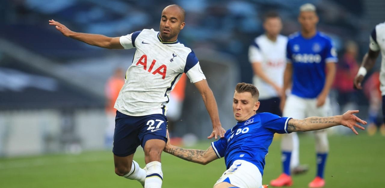  Tottenham Hotspur's Lucas Moura in action with Everton's Lucas Digne. Credit: Reuters Photo