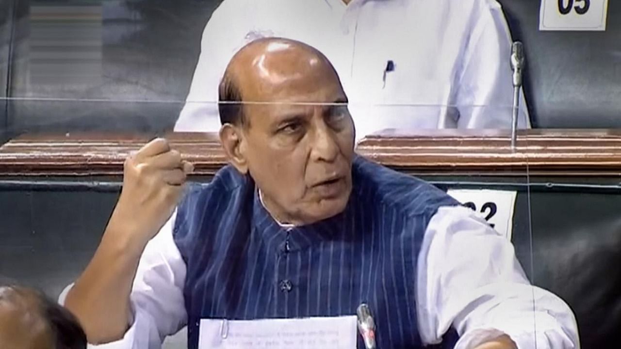 Union Defence Minister Rajnath Singh in the Lok Sabha during the ongoing Monsoon Session of Parliament, amid the ongoing coronavirus pandemic, in New Delhi. Credit: PTI