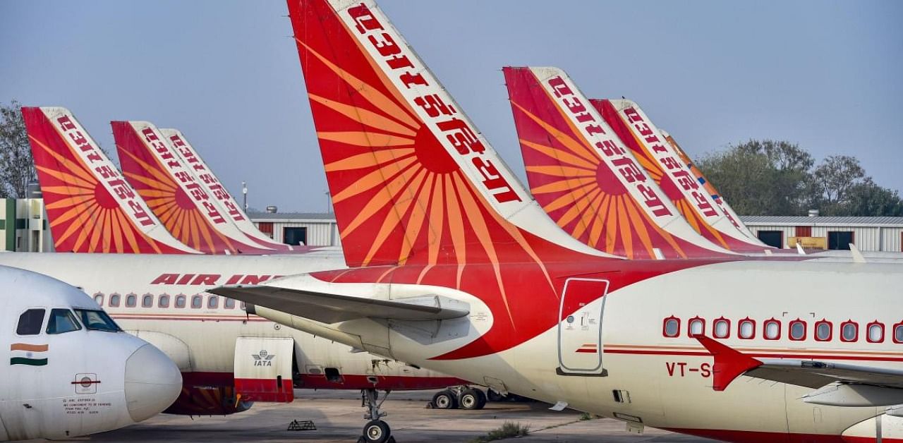 Air India planes parked at the IGI Airport in New Delhi. Credit: PTI