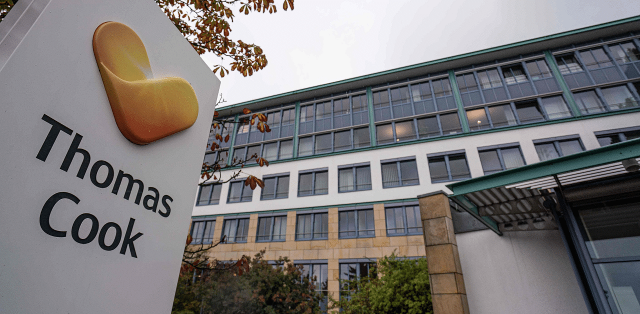 The company's logo is pictured in front of the headquarters of the German arm of bankrupt British tour operator Thomas Cook. Credit: AFP Photo