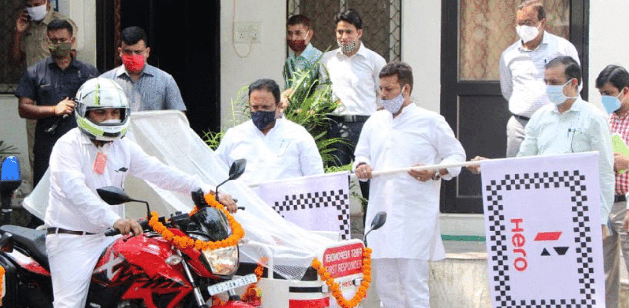The bike ambulances would be helpful in taking patients to the hospital from the narrow streets of the city, the minister said, adding that trained nursing staff will operate the vehicles. Credit: PTI Photo (RaghusharmaINC)