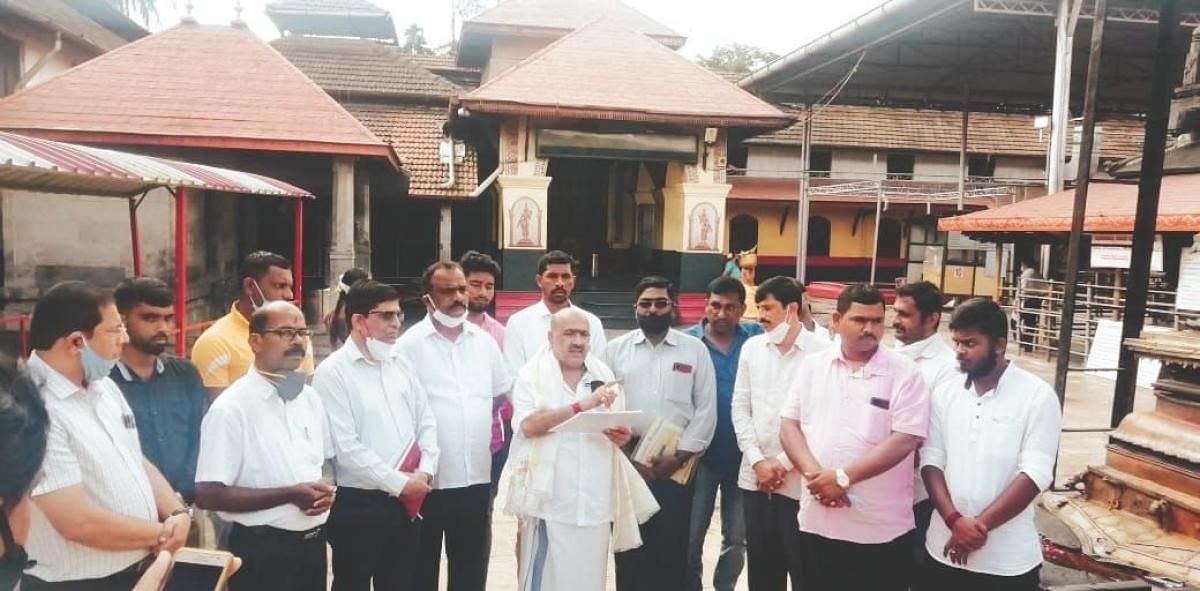 MLA B M Sukumar Shetty launches the survey work for a ropeway project in front of Mookambika Temple at Kollur.