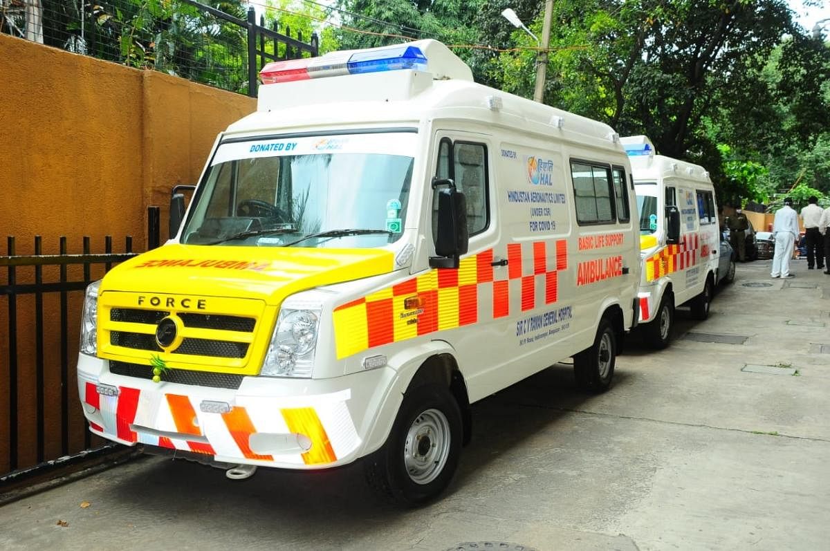 The ambulances donated by the HAL to government hospitals on Tuesday. PHOTO CREDIT: HAL