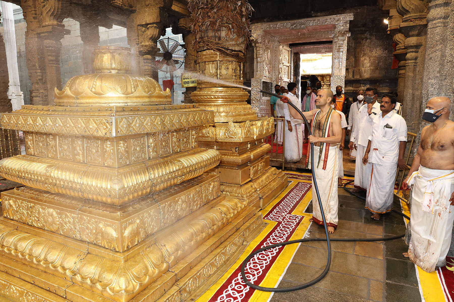 Ahead of the annual Brahmotsavams, the traditional temple cleansing event, Koil Alwar Tirrumanjanam was observed at Srivari temple at Tirumala on Tuesday 15 September morning. Credit: DH