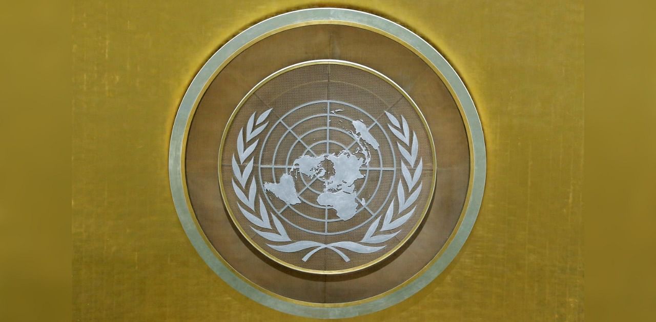 The United Nations emblem is seen in the UN General Assembly hall. Credit: Reuters