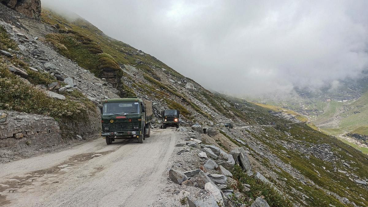 An Army convoy moves on Manali-Leh road towards Leh amid India-China stand off, near Manali. Credit: PTI