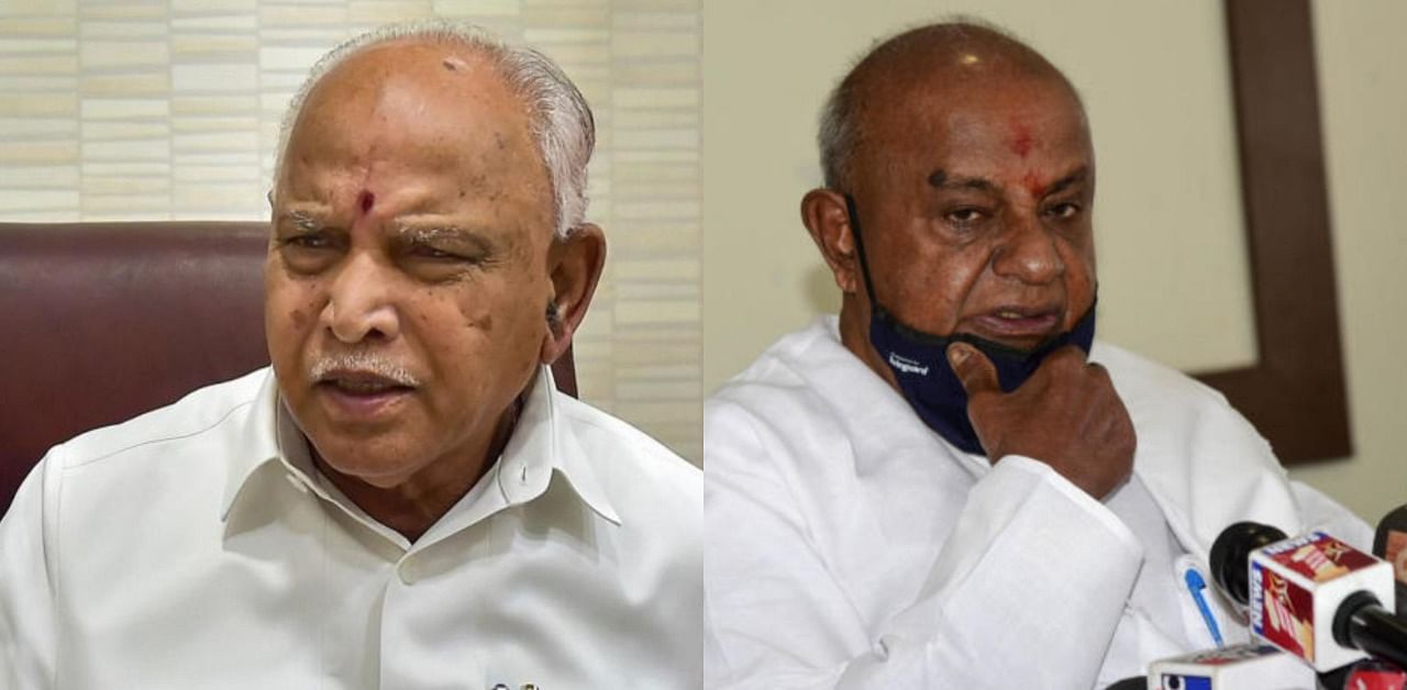 Former Prime Minister H D Deve Gowda and Karnataka Chief Minister B S Yediyurappa. Credit: PTI and DH photos
