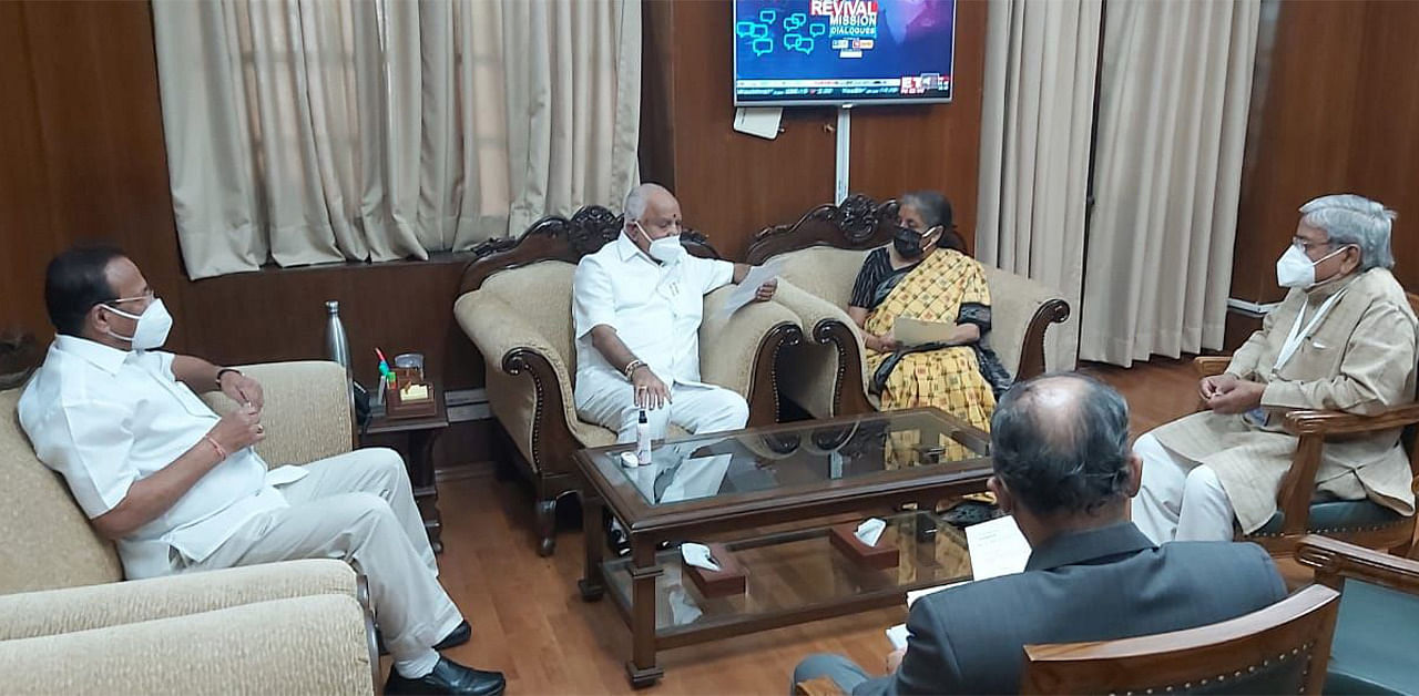 B S Yediyurappa, Chief Minister of Karnataka met Nirmala Seetharaman, Union Finance minister, New Delhi. Sadananda Gowda, Govidnd Karjol are seen. Credit: DH Photo