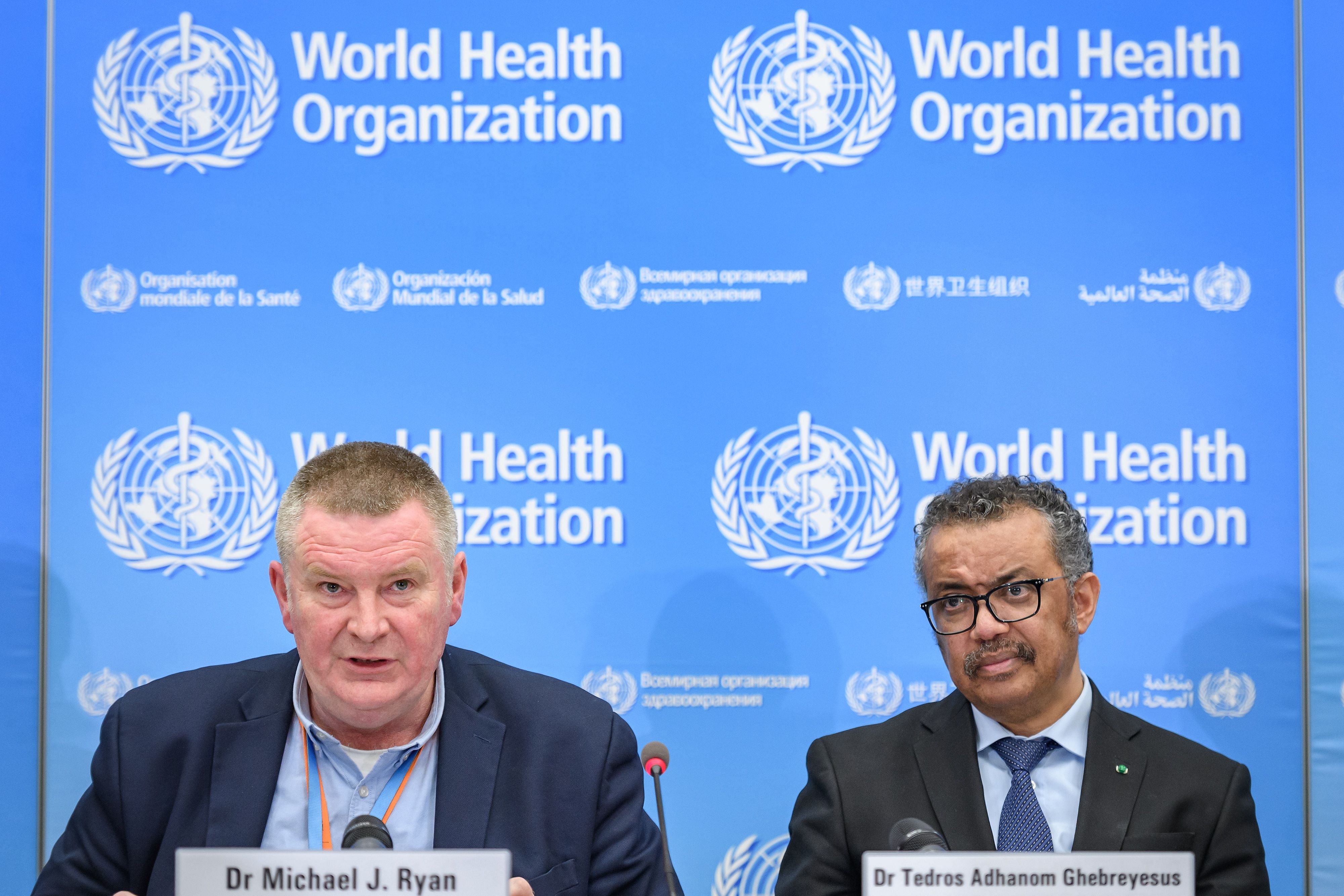 World Health Organization (WHO) Health Emergencies Programme Director Michael Ryan (L) and WHO Director-General Tedros Adhanom Ghebreyesus. Credits: AFP Photo