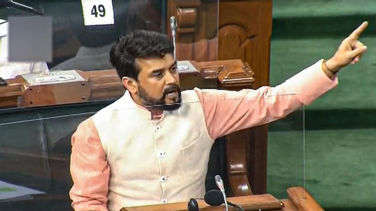 Minister of State for Finance Anurag Thakur speaks in Lok Sabha during the ongoing Monsoon Session of Parliament, amid the coronavirus pandemic, in New Delhi. Credit: PTI.