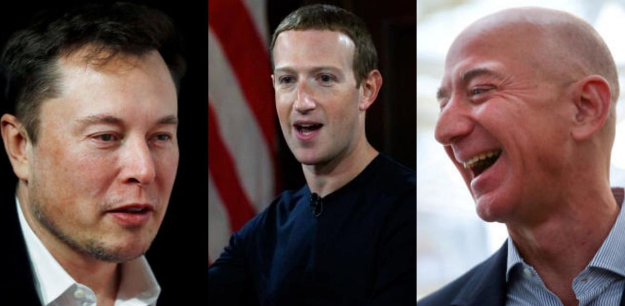 Tesla Inc Chief Executive Elon Musk, Facebook Inc CEO Mark Zuckerberg, Amazon.com Inc founder Jeff Bezos. Credit: AFP, Reuters Photo