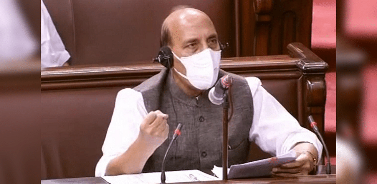 Defence Minister Rajnath Singh speaks at Rajya Sabha during the ongoing Monsoon Session of Parliament, amid the coronavirus pandemic, in New Delhi, Thursday, Sept. 17, 2020. Credit: PTI Photo