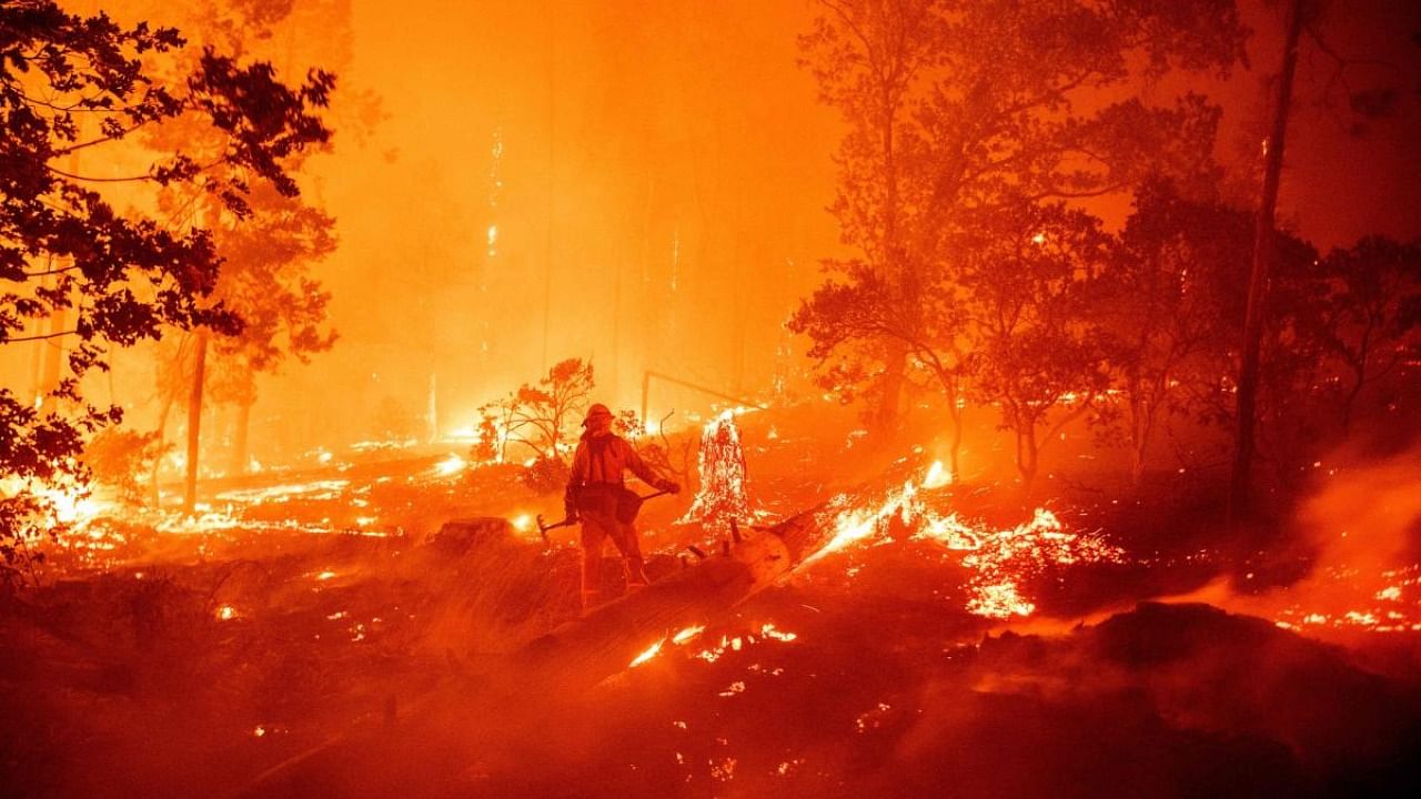 A firefighter works the scene as flames push towards homes during the Creek fire in the Cascadel Woods area of unincorporated Madera County, California. Credit: AFP.