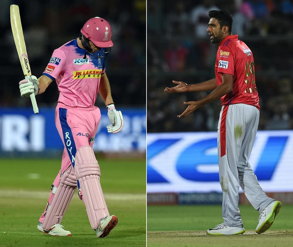 Rajasthan Royals' Jos Buttler walks back in anger after he was "mankaded" by Kings XI Punjab's R Ashwin in Jaipur on Monday. AFP