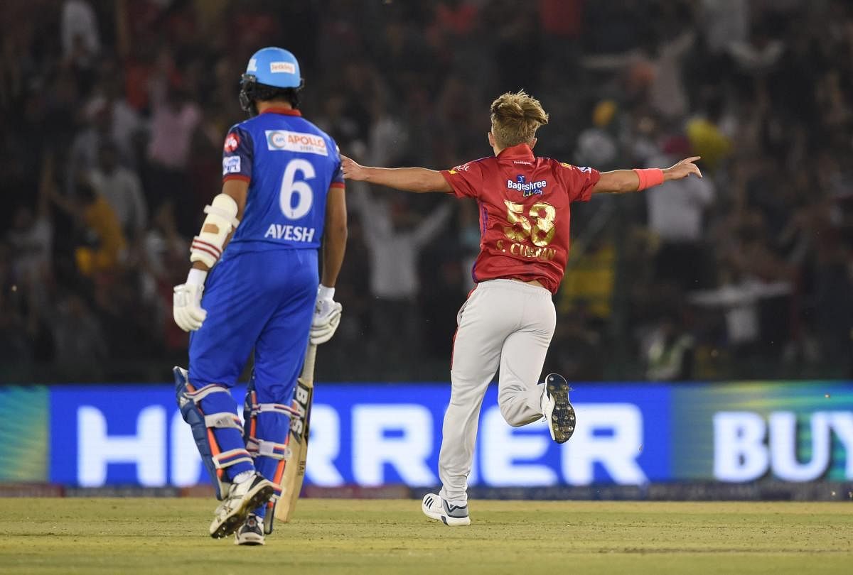 Kings XI Punjab player Sam Curran celebrates his hat trick during the Indian Premier League 2019 (IPL T20) cricket match against Delhi Capitals (DC) at I.S Bindra Stadium in Mohali, Tuesday, April 2, 2019. PTI Photo