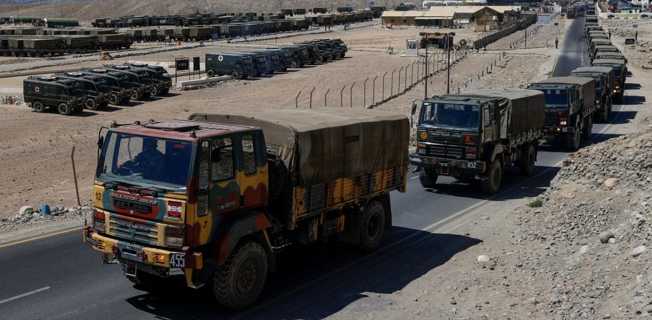 Military trucks carrying supplies move towards forward areas in the Ladakh region. Credit: Reuters