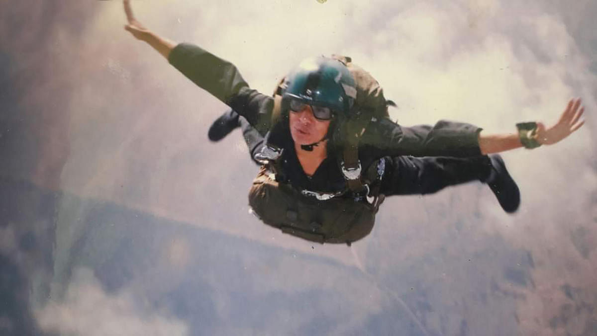 Former commando Dawa Tsering, who served in the SFF for 22 years, during a skydiving exercise.