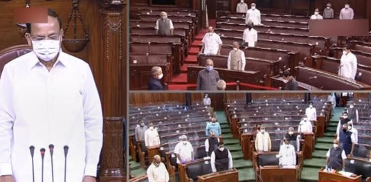 Parliamentarians observe silence during an obituary reference for late BJP MP Ashok Gasti in Rajya Sabha at the ongoing Monsoon Session of Parliament. Credit: PTI Photo