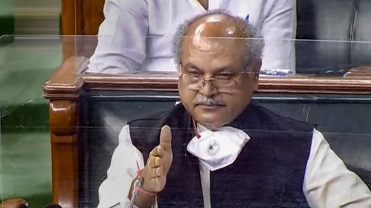Delhi:Union Agriculture Minister Narendra Singh Tomar in the Lok Sabha during the ongoing Monsoon Session of Parliament, amid the coronavirus pandemic, in New Delhi. Credit: PTI.