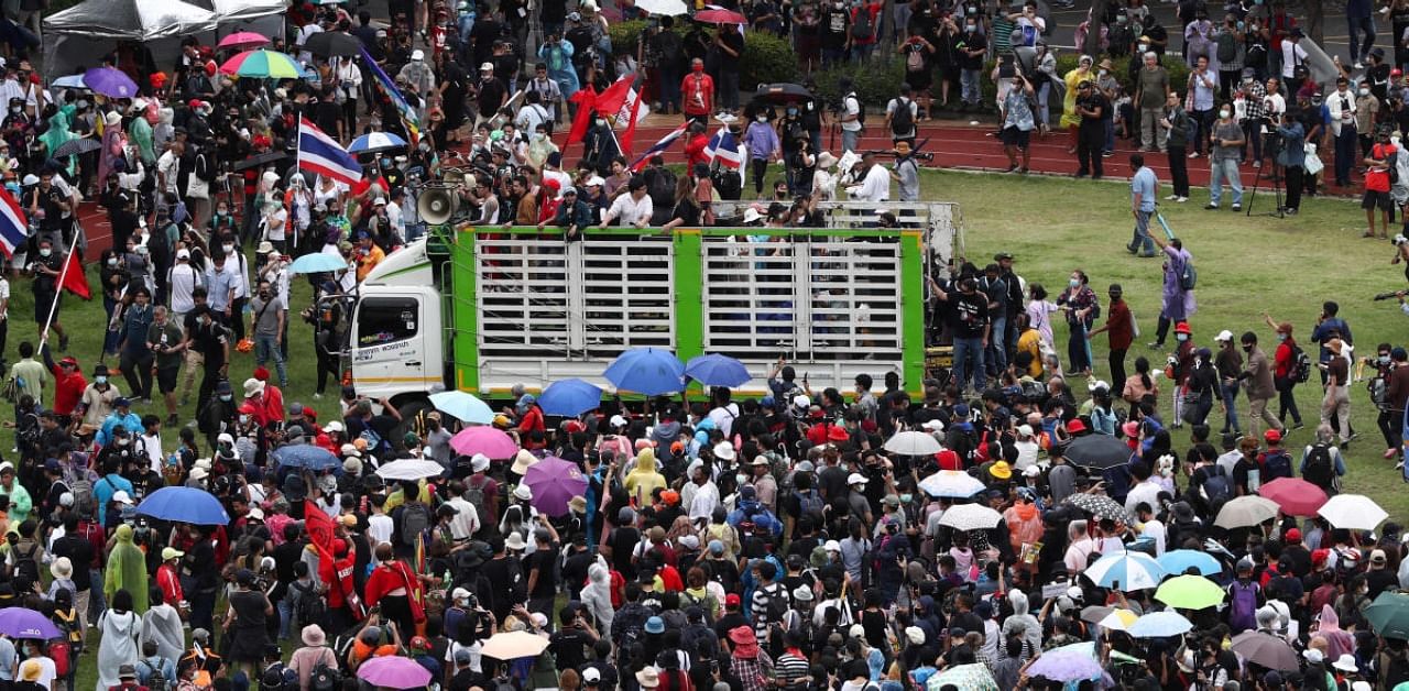 Pro-democracy protesters attend a mass rally at the Thammasat University to call for the ouster of prime minister Prayuth Chan-ocha's government and reforms in the monarchy, in Bangkok, Thailand. Credit: Reuters