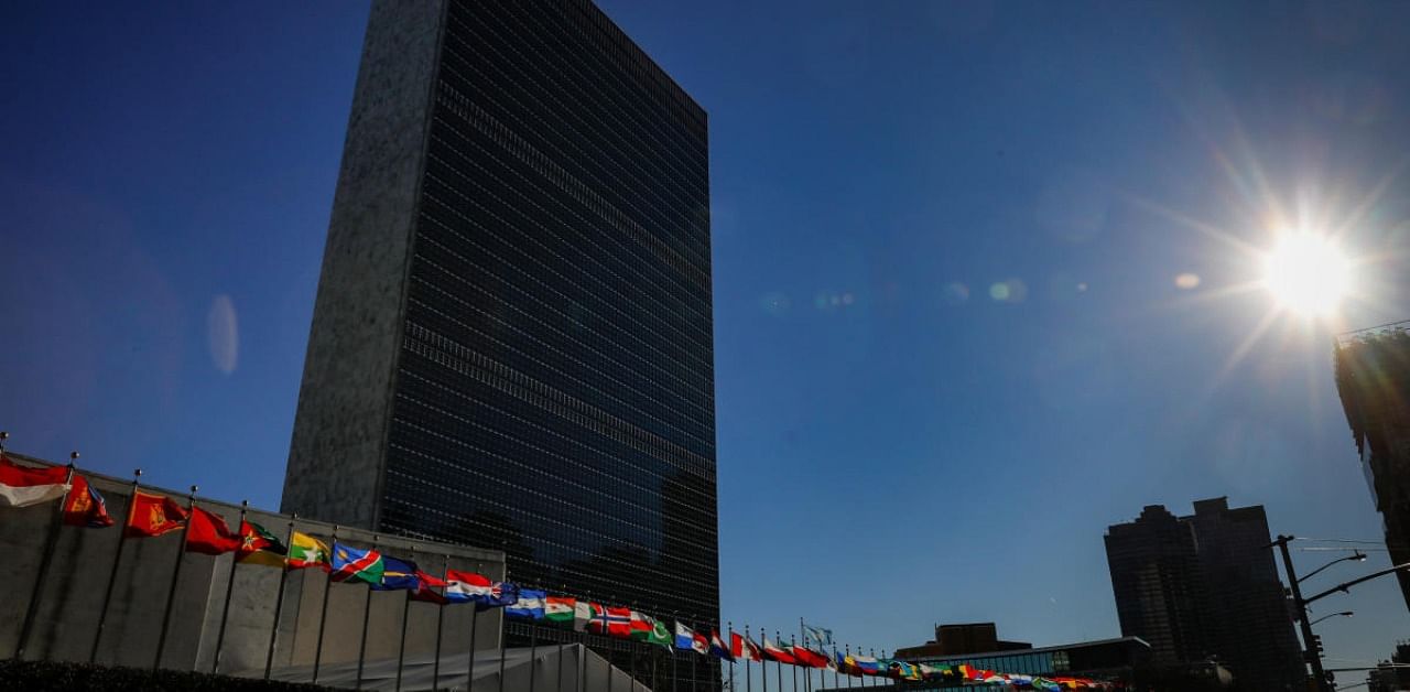 International flags fly in front of The United Nations Headquarters building in New York City, US. Credit: Reuters