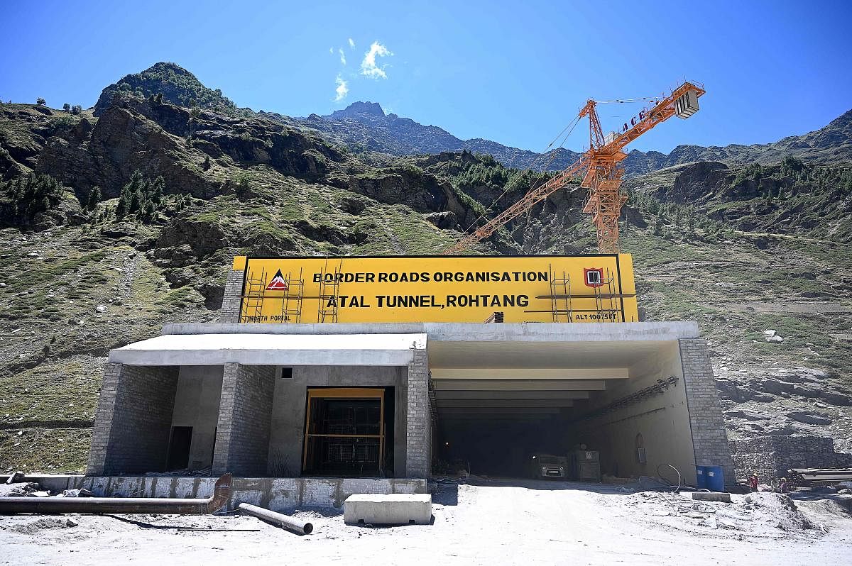 This photograph taken on September 1, 2020, shows the north portal of the Atal Rohtang Tunnel in Teling village in Lahaul and Spiti district of Himachal Pradesh state. Credit: AFP