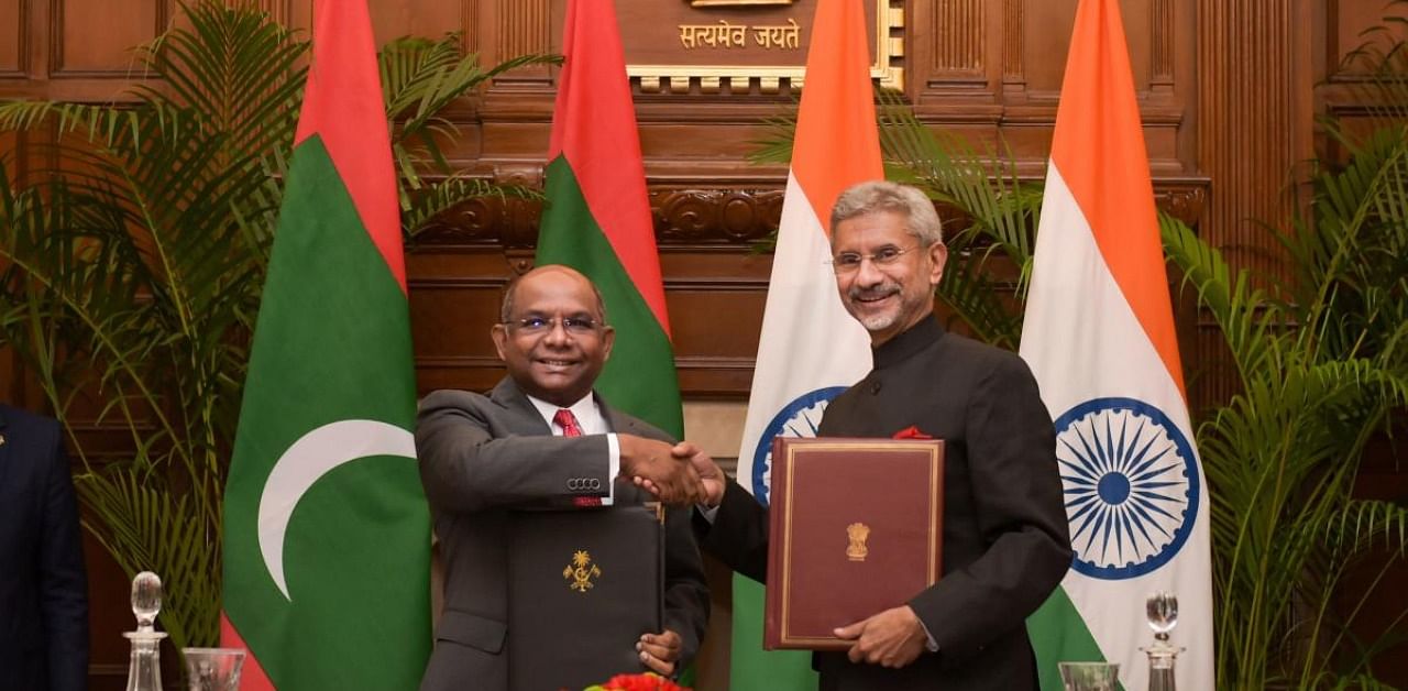 External Affairs Minister S Jaishankar and his Maldivian counterpart Abdulla Shahid. Credit: PTI
