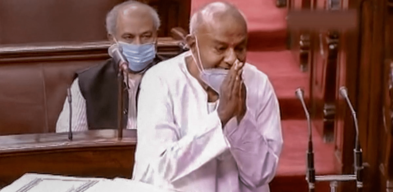 Janata Dal (Secular) leader and former PM HD Deve Gowda during his oath-taking as Rajya Sabha MP at the ongoing Monsoon Session of Parliament. Credit: PTI