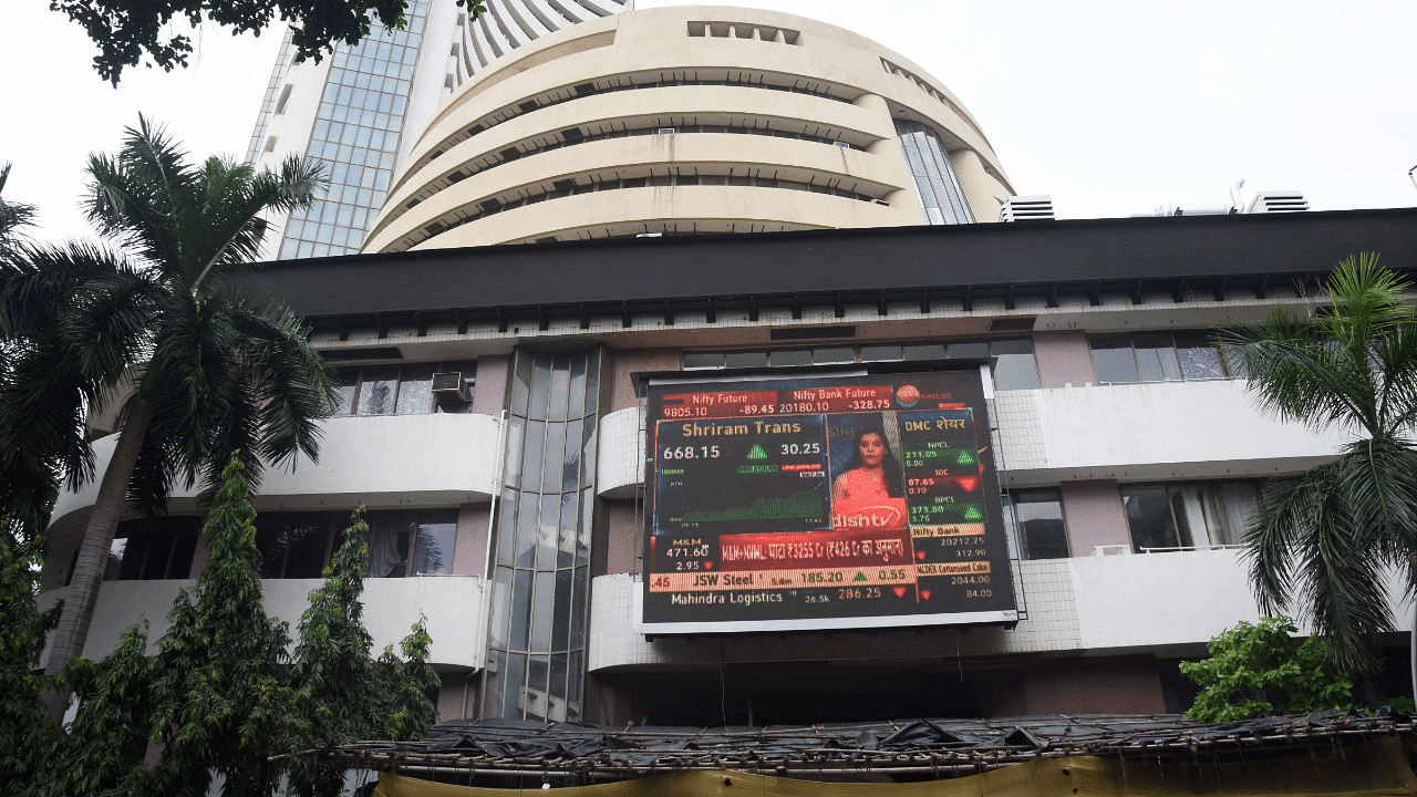 Stock prices displayed on a digital screen at the facade of the Bombay Stock Exchange (BSE) building. Credits: PTI Photo