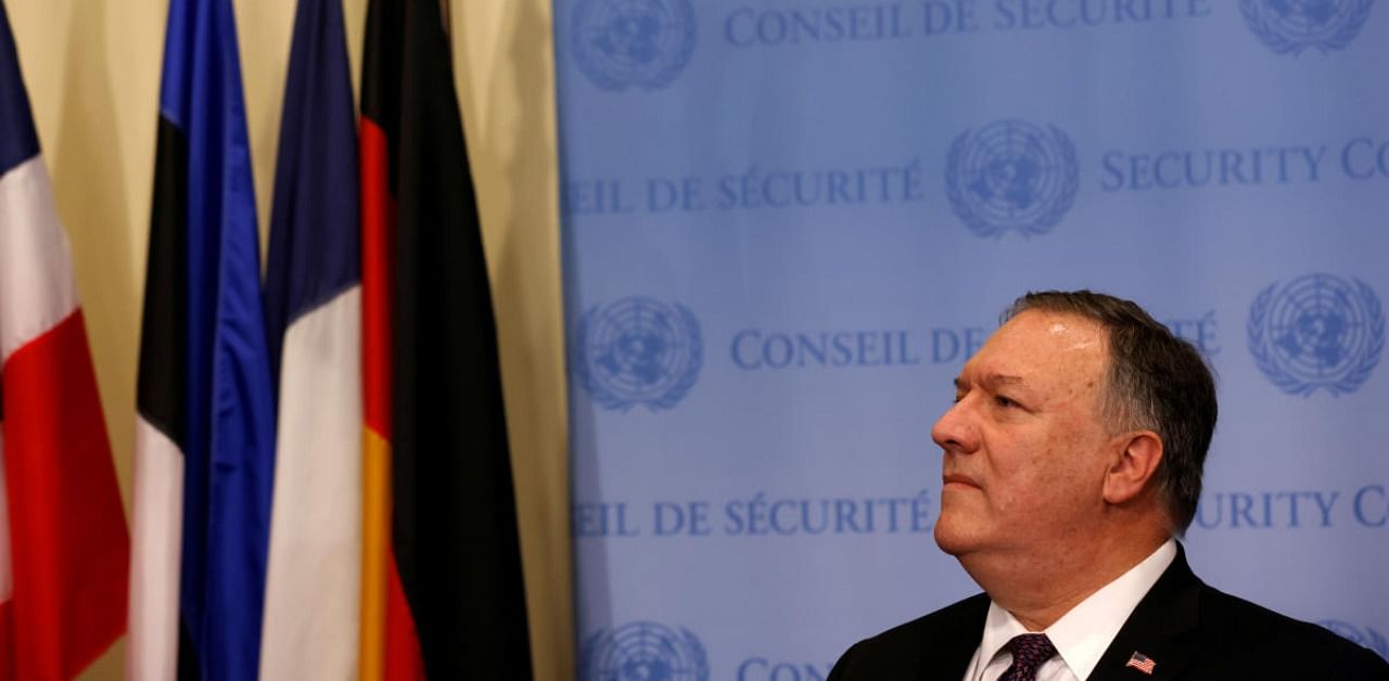 US Secretary of State Mike Pompeo speaks to reporters following a meeting with members of the UN Security Council about Iran's alleged non-compliance with a nuclear deal and calling for the restoration of sanctions against Iran at UN headquarters in New York. Credit: Reuters