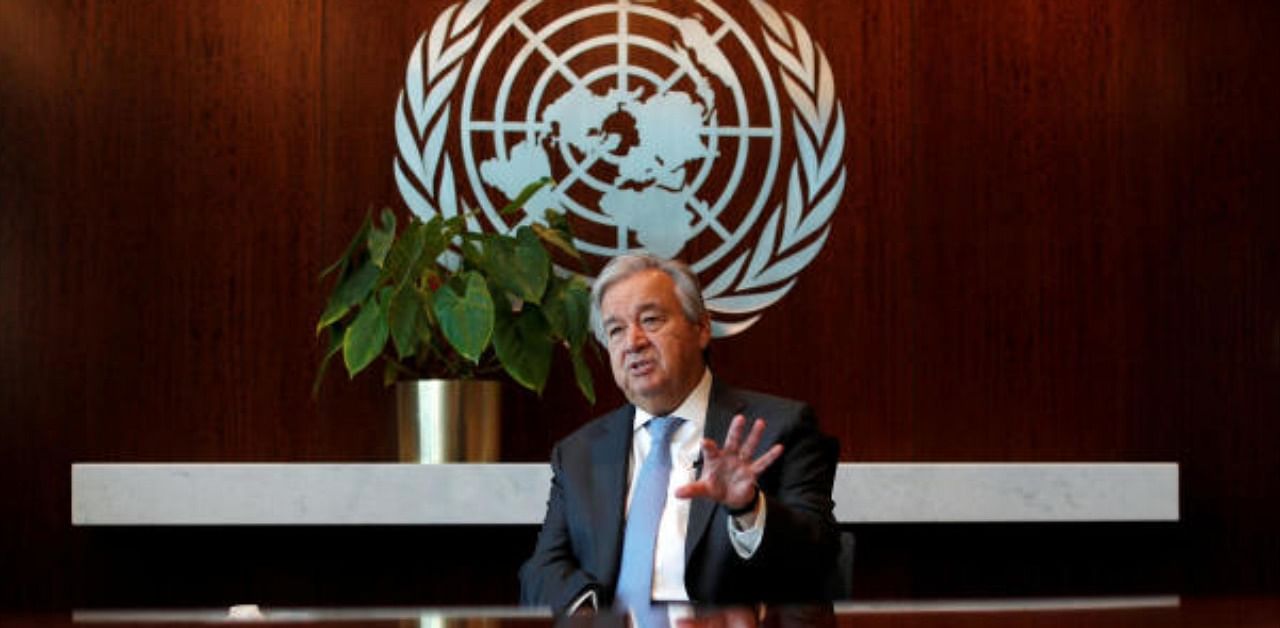 United Nations Secretary-General Antonio Guterres speaks during an interview with Reuters at U.N. headquarters in New York City. Credit: Reuters Photo