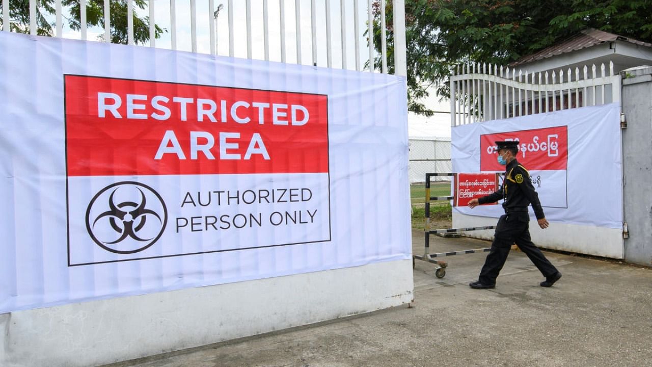 The entrance of the quarantine facilities for of the coronavirus disease cases is seen at a football pitch in Yangon, Myanmar. Credit: Reuters.