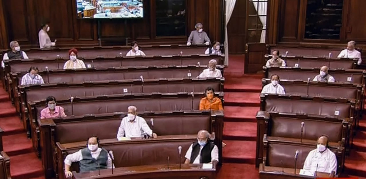 Parliamentarians in the Rajya Sabha during the ongoing Monsoon Session, at Parliament House in New Delhi, Sunday, Sept.20, 2020. Credit: RSTV/PTI Photo